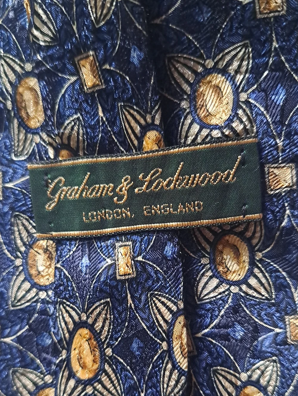 graham & Lodawood London ENGLAND Men's Navy Geometric Silk Tie with Gold